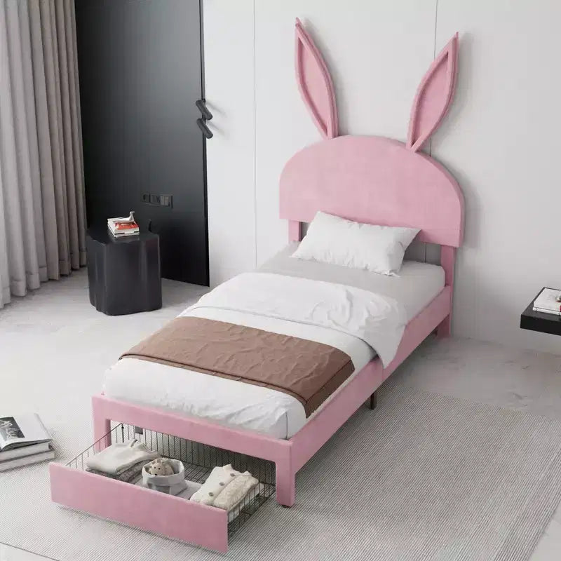 VECELO Letto Singolo Imbottito, Letto per Bambine con Testiera a Coniglio Regolabile, Letto a Piattaforma da Principessa con Cassetto Contenitore, Velluto Rosa