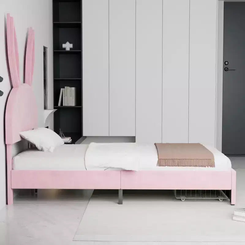 VECELO Letto Singolo Imbottito, Letto per Bambine con Testiera a Coniglio Regolabile, Letto a Piattaforma da Principessa con Cassetto Contenitore, Velluto Rosa