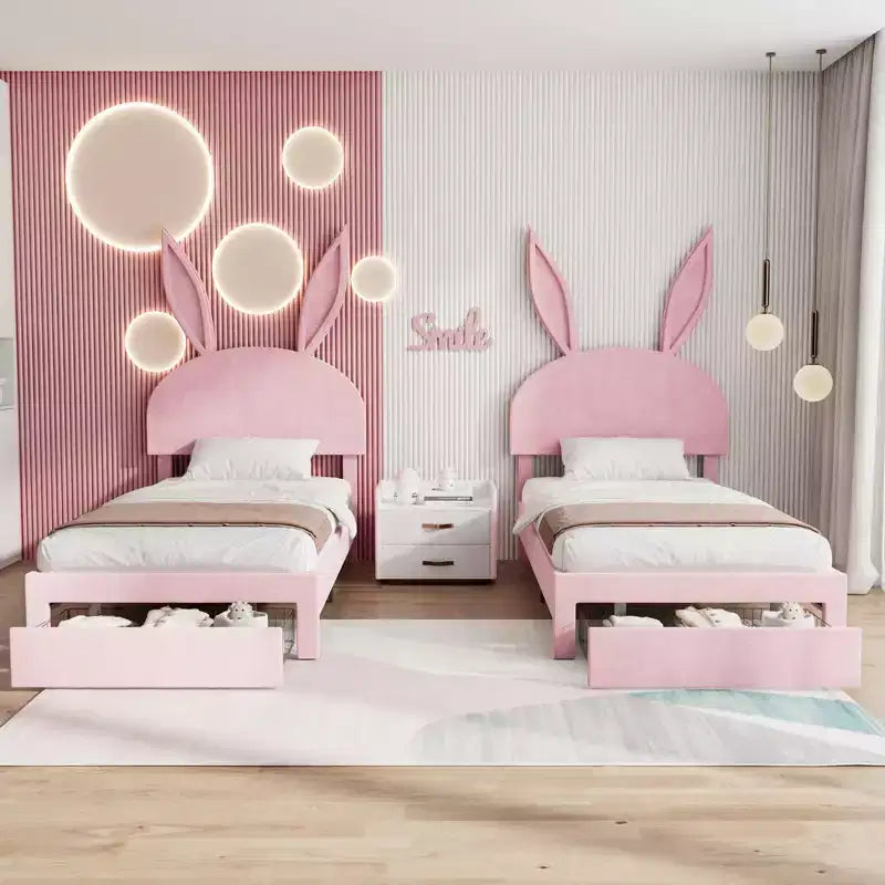 VECELO Letto Singolo Imbottito, Letto per Bambine con Testiera a Coniglio Regolabile, Letto a Piattaforma da Principessa con Cassetto Contenitore, Velluto Rosa