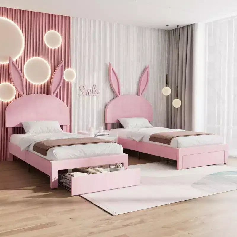 VECELO Letto Singolo Imbottito, Letto per Bambine con Testiera a Coniglio Regolabile, Letto a Piattaforma da Principessa con Cassetto Contenitore, Velluto Rosa