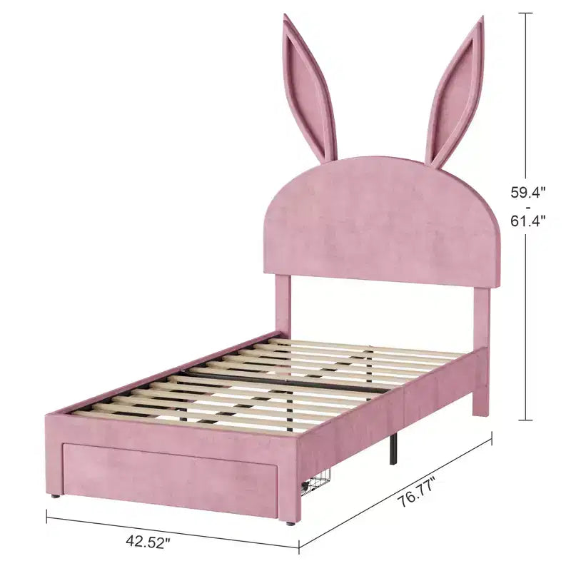 VECELO Letto Singolo Imbottito, Letto per Bambine con Testiera a Coniglio Regolabile, Letto a Piattaforma da Principessa con Cassetto Contenitore, Velluto Rosa