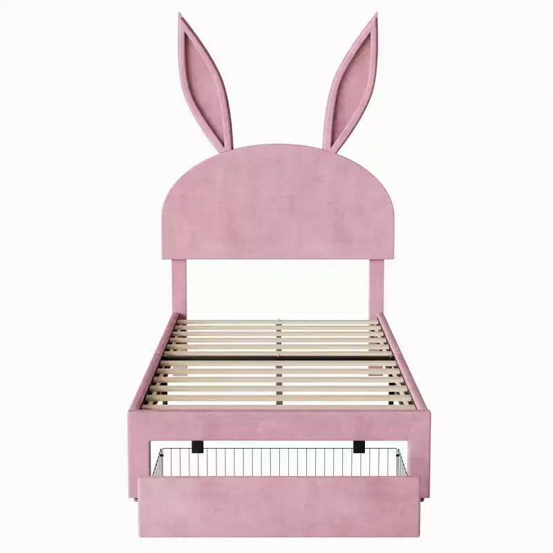 VECELO Letto Singolo Imbottito, Letto per Bambine con Testiera a Coniglio Regolabile, Letto a Piattaforma da Principessa con Cassetto Contenitore, Velluto Rosa