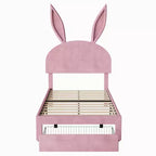 VECELO Letto Singolo Imbottito, Letto per Bambine con Testiera a Coniglio Regolabile, Letto a Piattaforma da Principessa con Cassetto Contenitore, Velluto Rosa