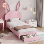 VECELO Letto Singolo Imbottito, Letto per Bambine con Testiera a Coniglio Regolabile, Letto a Piattaforma da Principessa con Cassetto Contenitore, Velluto Rosa