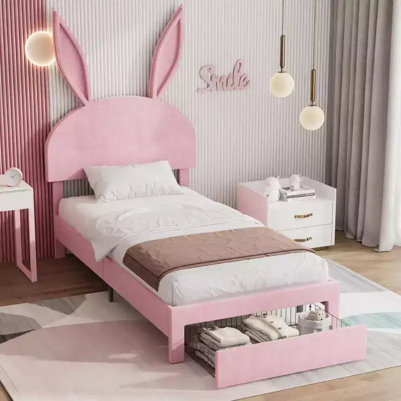 VECELO Letto Singolo Imbottito, Letto per Bambine con Testiera a Coniglio Regolabile, Letto a Piattaforma da Principessa con Cassetto Contenitore, Velluto Rosa