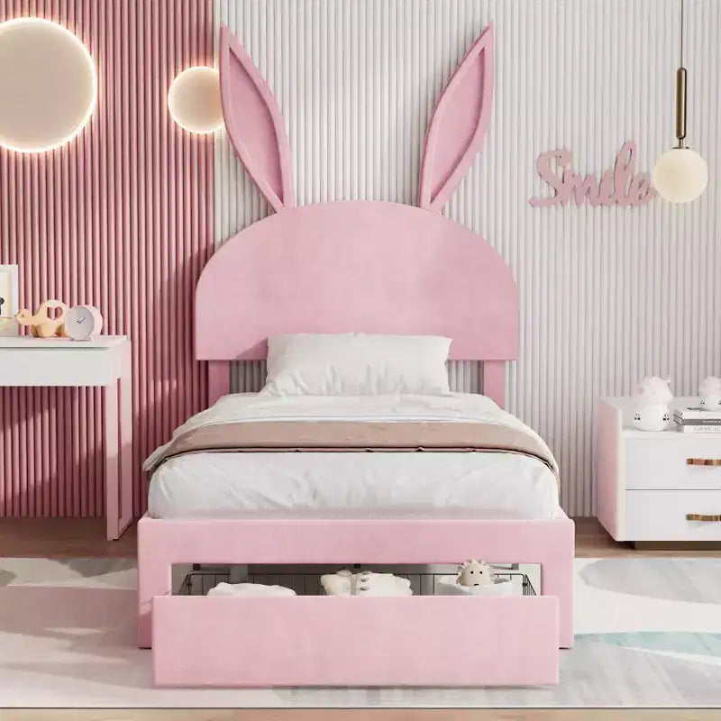 VECELO Letto Singolo Imbottito, Letto per Bambine con Testiera a Coniglio Regolabile, Letto a Piattaforma da Principessa con Cassetto Contenitore, Velluto Rosa