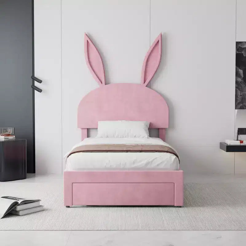 VECELO Letto Singolo Imbottito, Letto per Bambine con Testiera a Coniglio Regolabile, Letto a Piattaforma da Principessa con Cassetto Contenitore, Velluto Rosa