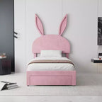 VECELO Letto Singolo Imbottito, Letto per Bambine con Testiera a Coniglio Regolabile, Letto a Piattaforma da Principessa con Cassetto Contenitore, Velluto Rosa