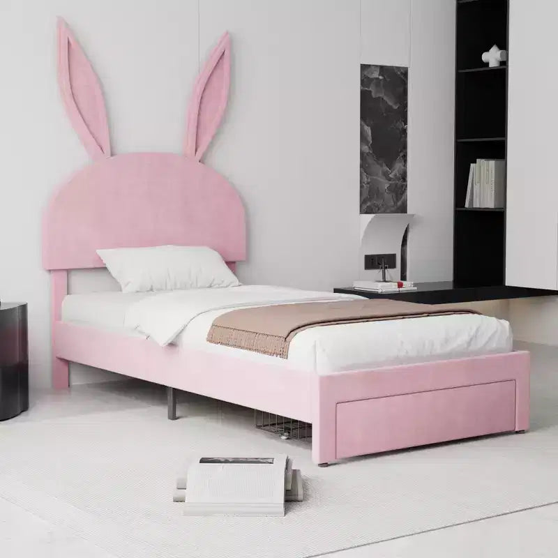 VECELO Letto Singolo Imbottito, Letto per Bambine con Testiera a Coniglio Regolabile, Letto a Piattaforma da Principessa con Cassetto Contenitore, Velluto Rosa