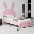 VECELO Letto Singolo Imbottito, Letto per Bambine con Testiera a Coniglio Regolabile, Letto a Piattaforma da Principessa con Cassetto Contenitore, Velluto Rosa