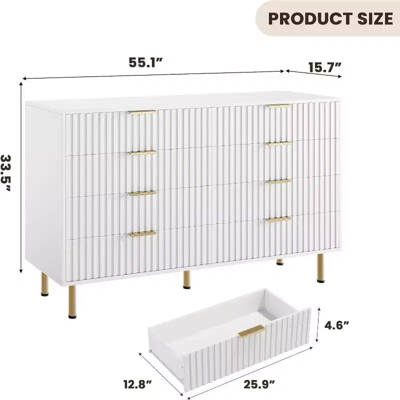 Cassettiera Moderna Larga 54", Comò a 8 Cassetti per Camera da Letto, Organizzatore in Legno, Comò Doppio Grande con Porta TV, per Soggiorno, Ingresso
