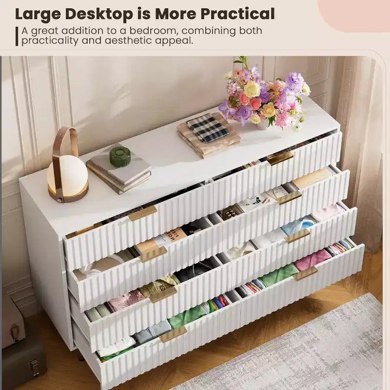 Cassettiera Moderna Larga 54", Comò a 8 Cassetti per Camera da Letto, Organizzatore in Legno, Comò Doppio Grande con Porta TV, per Soggiorno, Ingresso