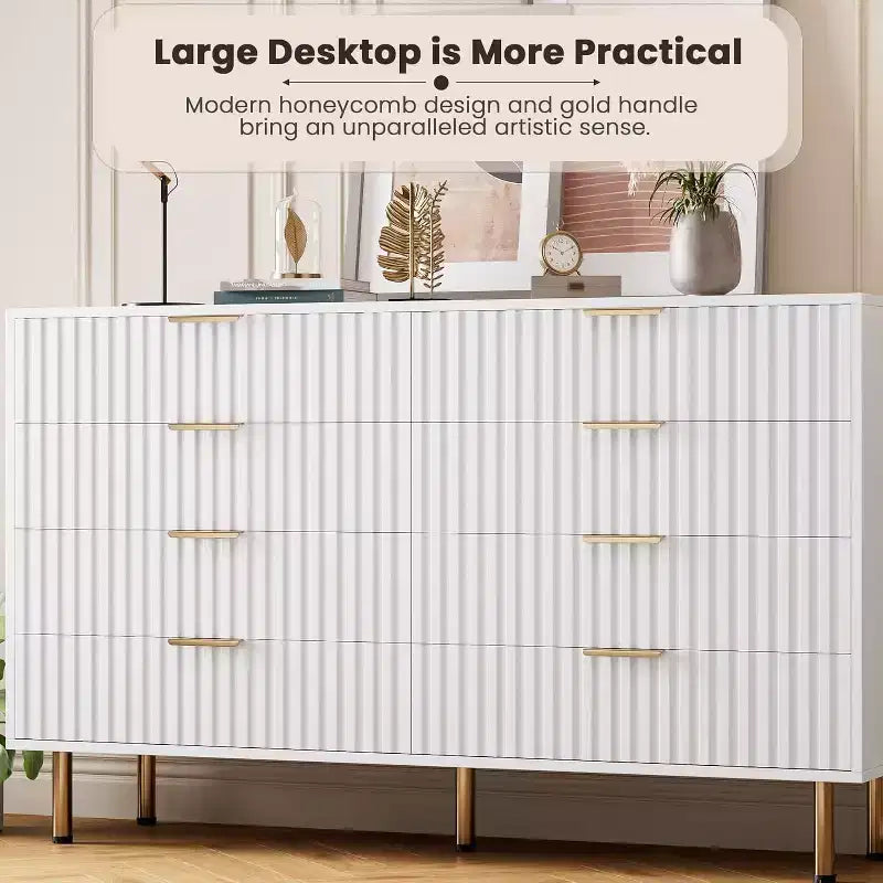 Cassettiera Moderna Larga 54", Comò a 8 Cassetti per Camera da Letto, Organizzatore in Legno, Comò Doppio Grande con Porta TV, per Soggiorno, Ingresso
