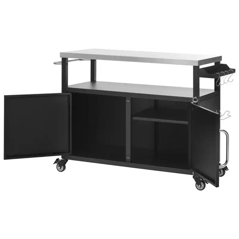 54.5 Isola da cucina per esterni con piano in acciaio inox, portaspezie e portasciugamani, carrello per barbecue con ruote bloccabili, nero -