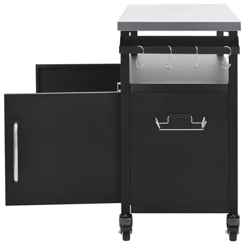 54.5 Isola da cucina per esterni con piano in acciaio inox, portaspezie e portasciugamani, carrello per barbecue con ruote bloccabili, nero -