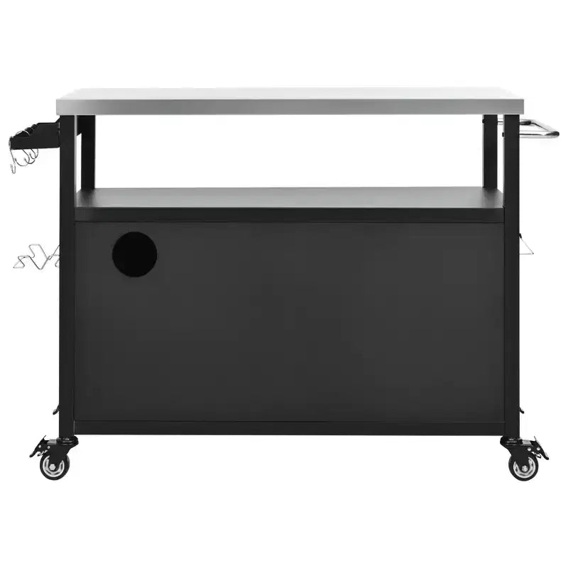 54.5 Isola da cucina per esterni con piano in acciaio inox, portaspezie e portasciugamani, carrello per barbecue con ruote bloccabili, nero -
