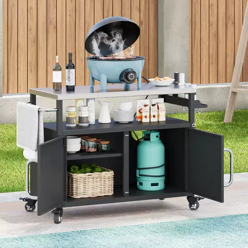 54.5 Isola da cucina per esterni con piano in acciaio inox, portaspezie e portasciugamani, carrello per barbecue con ruote bloccabili, nero -
