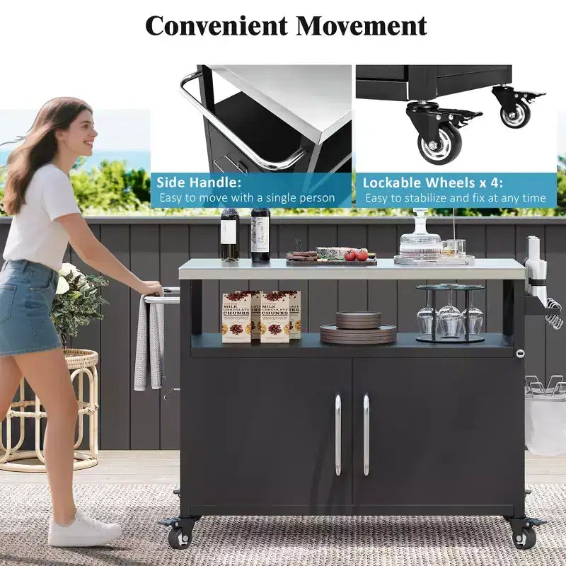 54.5 Isola da cucina per esterni con piano in acciaio inox, portaspezie e portasciugamani, carrello per barbecue con ruote bloccabili, nero -