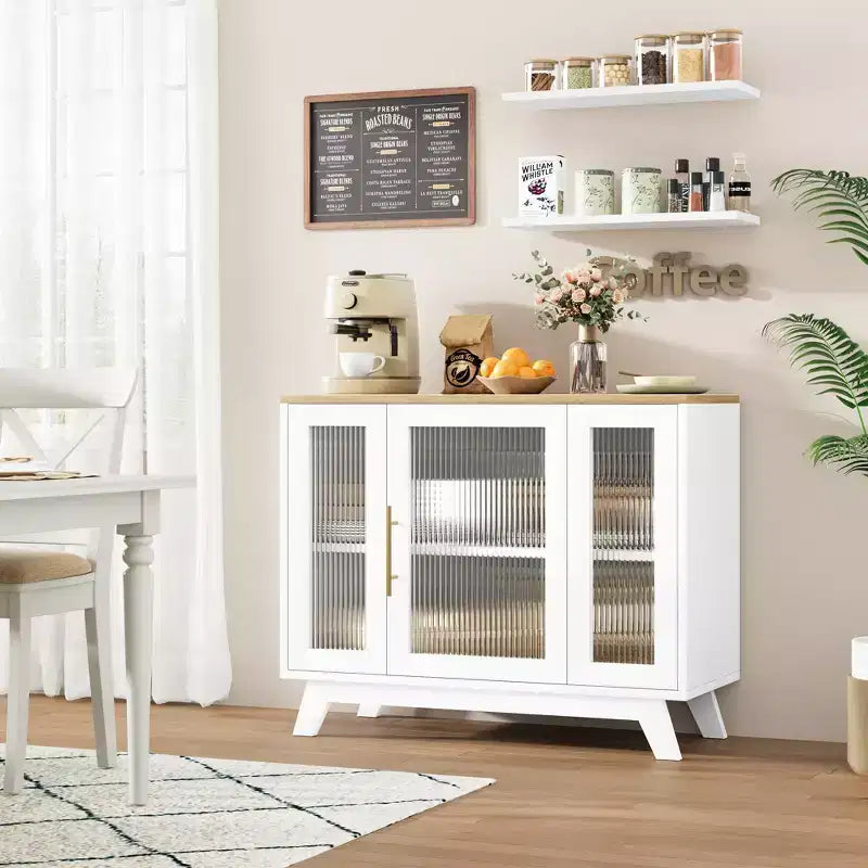 Credenza da buffet con cassetti, credenza da 36 con ante in vetro scanalato, stazione caffè retrò con ripiano regolabile, naturale