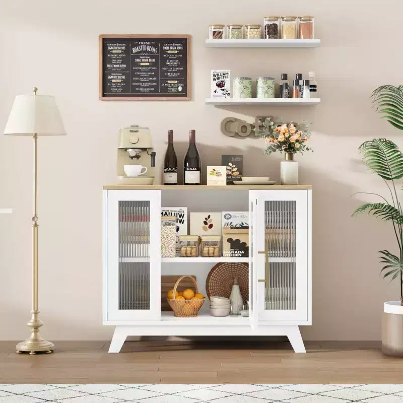 Credenza da buffet con cassetti, credenza da 36 con ante in vetro scanalato, stazione caffè retrò con ripiano regolabile, naturale