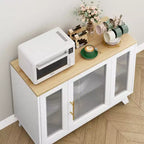 Credenza da buffet con cassetti, credenza da 36 con ante in vetro scanalato, stazione caffè retrò con ripiano regolabile, naturale