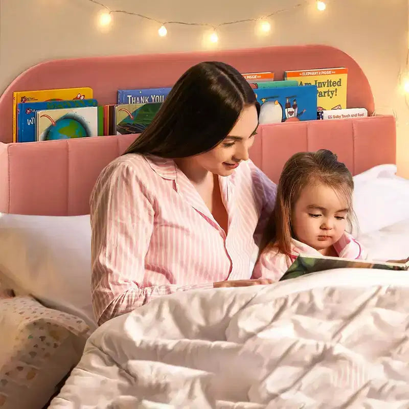 Struttura letto singola con testiera libreria, imbottita in velluto - Supporto a doghe in legno, silenziosa, non necessita di box spring, facile da montare