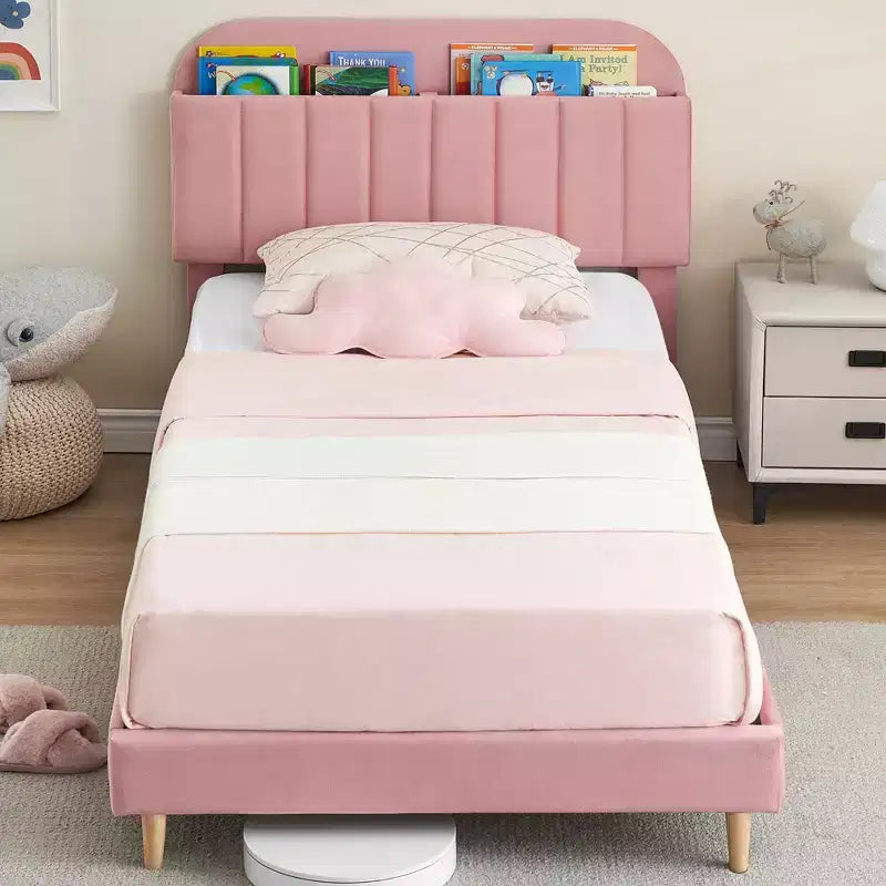 Struttura letto singola con testiera libreria, imbottita in velluto - Supporto a doghe in legno, silenziosa, non necessita di box spring, facile da montare