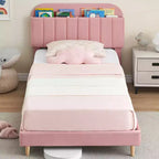 Struttura letto singola con testiera libreria, imbottita in velluto - Supporto a doghe in legno, silenziosa, non necessita di box spring, facile da montare
