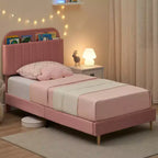 Struttura letto singola con testiera libreria, imbottita in velluto - Supporto a doghe in legno, silenziosa, non necessita di box spring, facile da montare