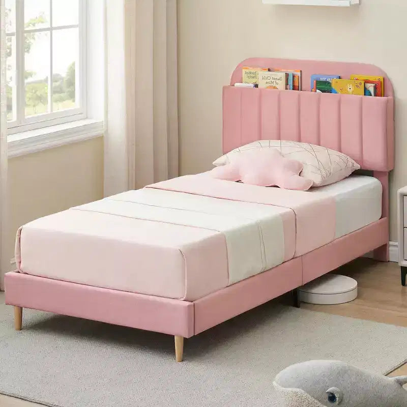 Struttura letto singola con testiera libreria, imbottita in velluto - Supporto a doghe in legno, silenziosa, non necessita di box spring, facile da montare