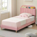 Struttura letto singola con testiera libreria, imbottita in velluto - Supporto a doghe in legno, silenziosa, non necessita di box spring, facile da montare