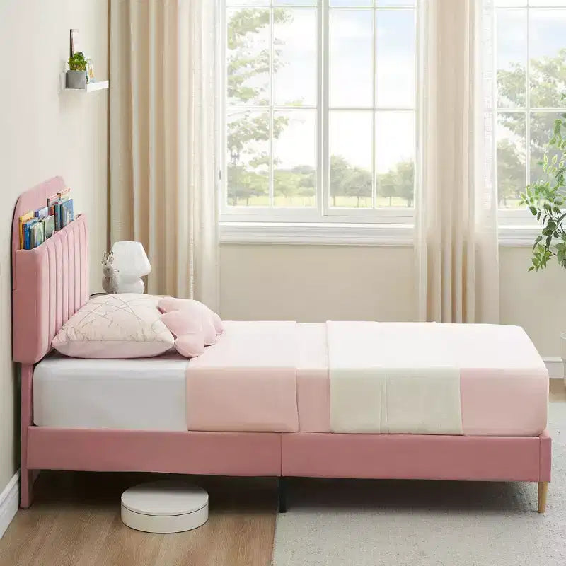 Struttura letto singola con testiera libreria, imbottita in velluto - Supporto a doghe in legno, silenziosa, non necessita di box spring, facile da montare