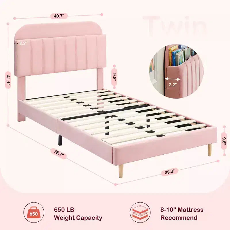 Struttura letto singola con testiera libreria, imbottita in velluto - Supporto a doghe in legno, silenziosa, non necessita di box spring, facile da montare