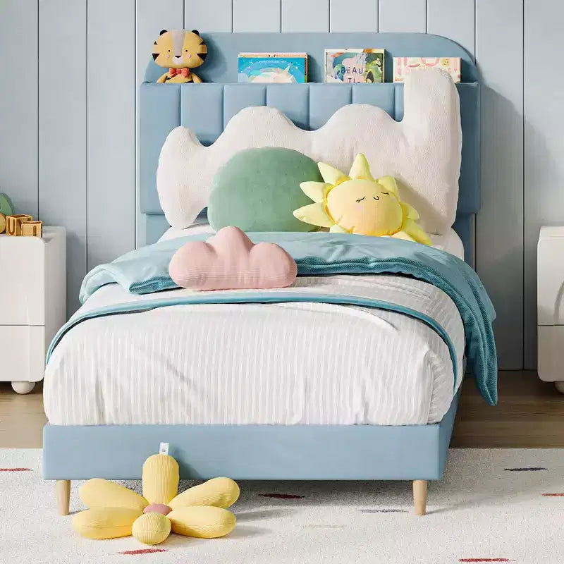 Struttura letto singola con testiera libreria, imbottita in velluto - Supporto a doghe in legno, silenziosa, non necessita di box spring, facile da montare