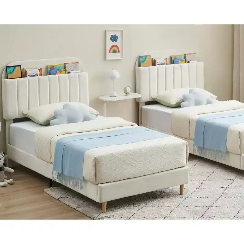 Struttura letto singola con testiera libreria, imbottita in velluto - Supporto a doghe in legno, silenziosa, non necessita di box spring, facile da montare