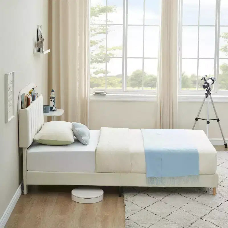 Struttura letto singola con testiera libreria, imbottita in velluto - Supporto a doghe in legno, silenziosa, non necessita di box spring, facile da montare