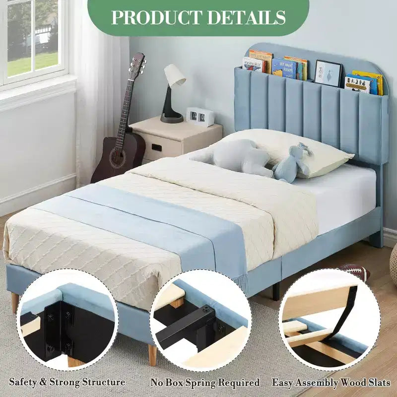 Struttura letto singola con testiera libreria, imbottita in velluto - Supporto a doghe in legno, silenziosa, non necessita di box spring, facile da montare