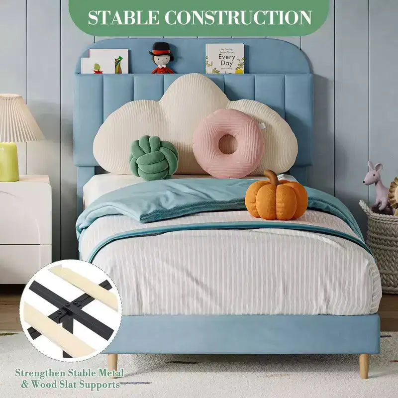 Struttura letto singola con testiera libreria, imbottita in velluto - Supporto a doghe in legno, silenziosa, non necessita di box spring, facile da montare