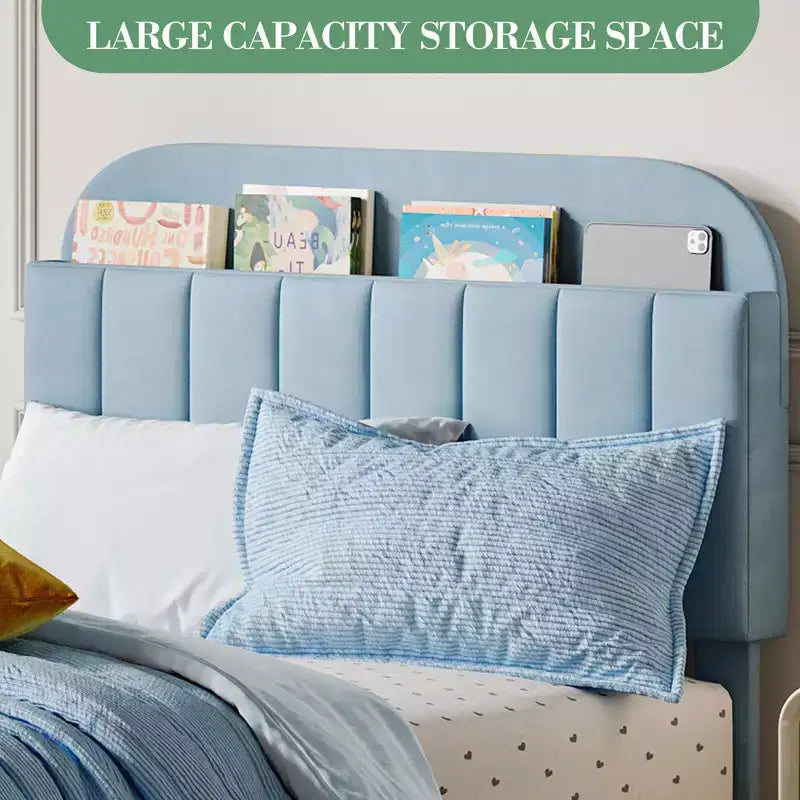 Struttura letto singola con testiera libreria, imbottita in velluto - Supporto a doghe in legno, silenziosa, non necessita di box spring, facile da montare