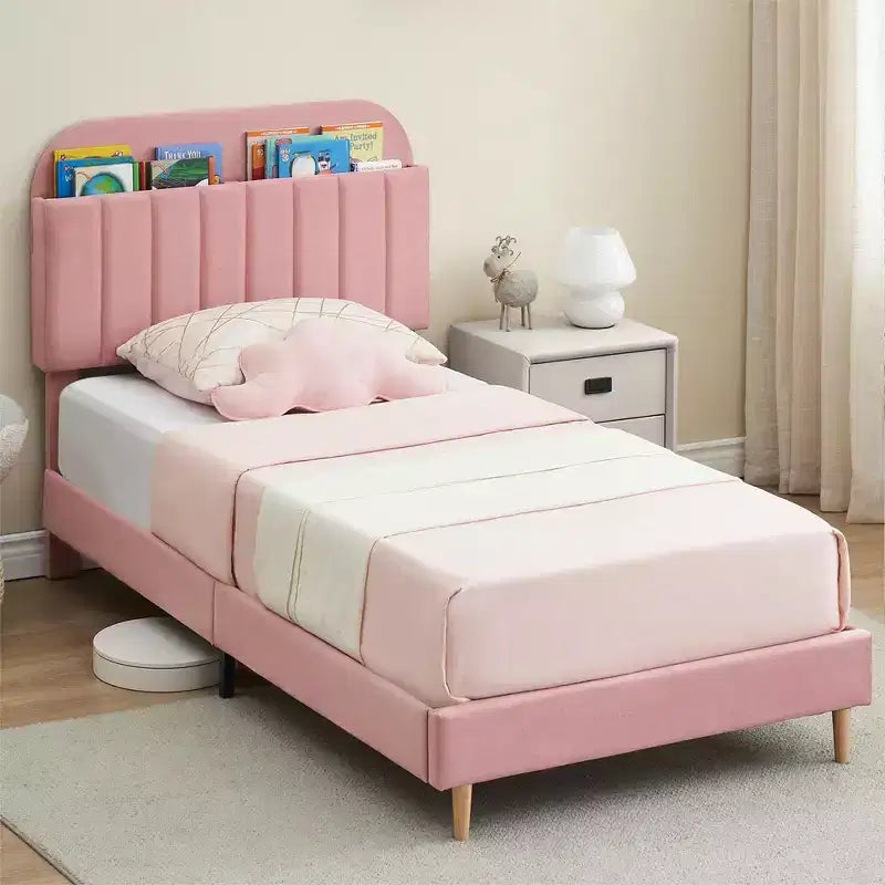 Struttura letto singola con testiera libreria, imbottita in velluto - Supporto a doghe in legno, silenziosa, non necessita di box spring, facile da montare