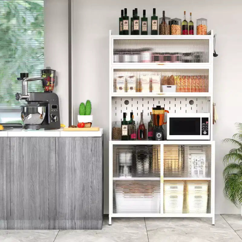 Chic Crate Dispensa in metallo a 6 livelli con sportello ribaltabile e pannello forato alta 73'' - Pensile Antiribaltamento per Cucina/Sala da pranzo/Soggiorno