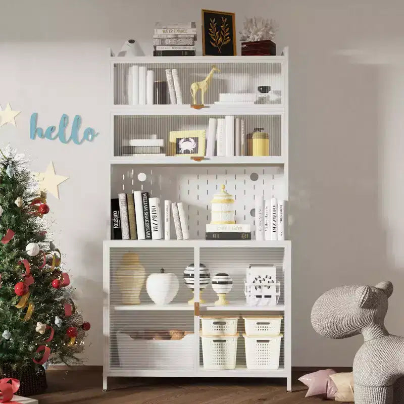 Chic Crate Dispensa in metallo a 6 livelli con sportello ribaltabile e pannello forato alta 73'' - Pensile Antiribaltamento per Cucina/Sala da pranzo/Soggiorno