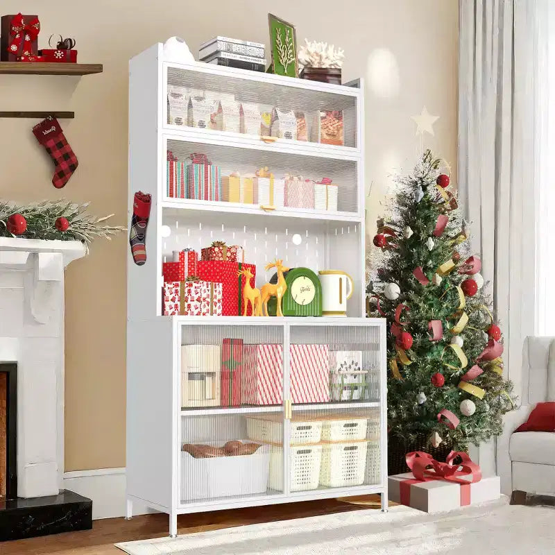 Chic Crate Dispensa in metallo a 6 livelli con sportello ribaltabile e pannello forato alta 73'' - Pensile Antiribaltamento per Cucina/Sala da pranzo/Soggiorno