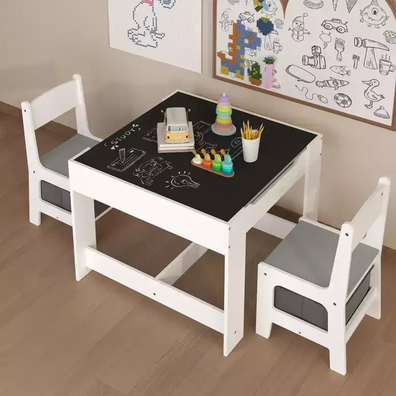 Set Tavolo per Bambini 3 Pezzi con Tavolo a Doppia Faccia e 2 Sedie Contenitore, Set Tavolo e Sedie in Legno per Bambini, Set Tavolo da Gioco per Attività per Bambini, Bianco+Grigio -