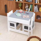Set Tavolo per Bambini 3 Pezzi con Tavolo a Doppia Faccia e 2 Sedie Contenitore, Set Tavolo e Sedie in Legno per Bambini, Set Tavolo da Gioco per Attività per Bambini, Bianco+Grigio -