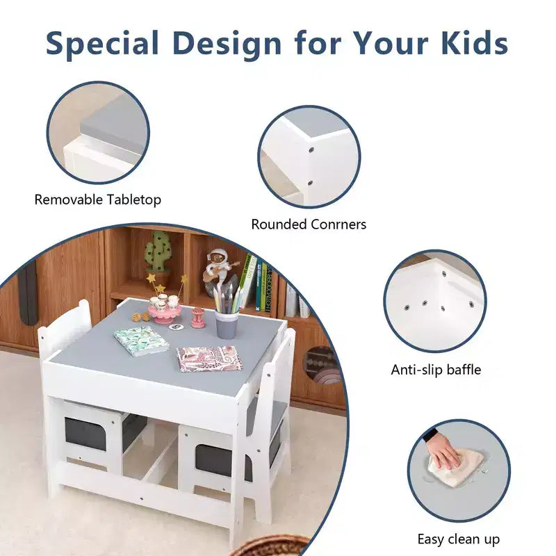 Set Tavolo per Bambini 3 Pezzi con Tavolo a Doppia Faccia e 2 Sedie Contenitore, Set Tavolo e Sedie in Legno per Bambini, Set Tavolo da Gioco per Attività per Bambini, Bianco+Grigio -
