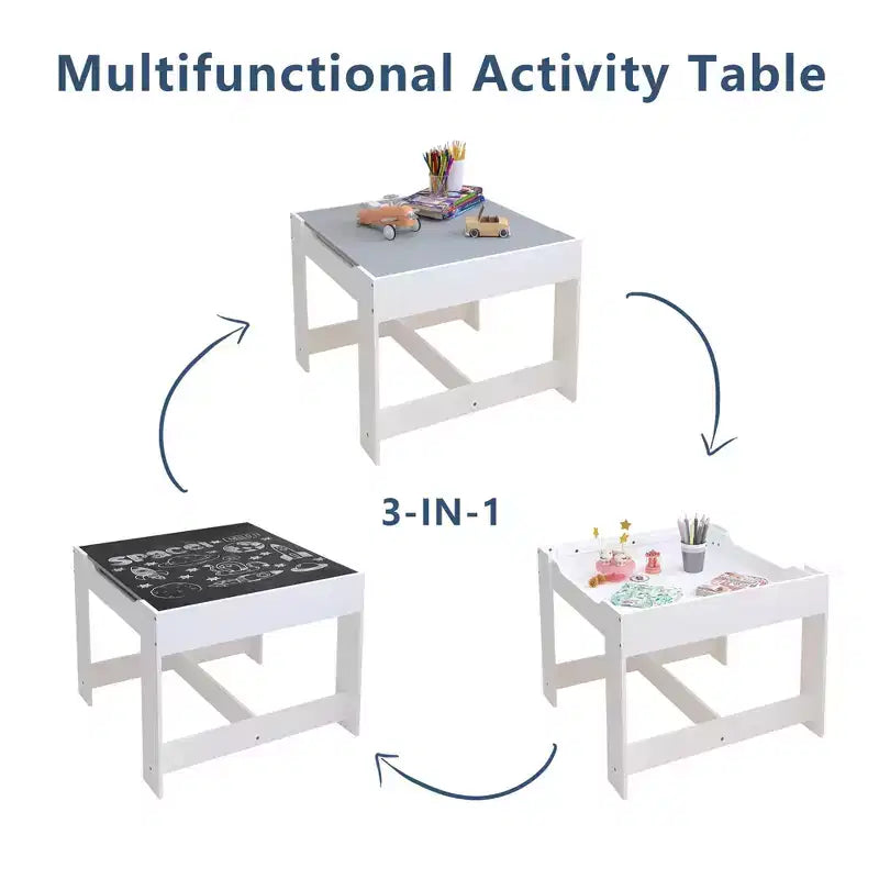 Set Tavolo per Bambini 3 Pezzi con Tavolo a Doppia Faccia e 2 Sedie Contenitore, Set Tavolo e Sedie in Legno per Bambini, Set Tavolo da Gioco per Attività per Bambini, Bianco+Grigio -