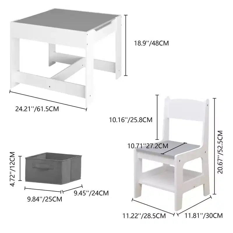 Set Tavolo per Bambini 3 Pezzi con Tavolo a Doppia Faccia e 2 Sedie Contenitore, Set Tavolo e Sedie in Legno per Bambini, Set Tavolo da Gioco per Attività per Bambini, Bianco+Grigio -