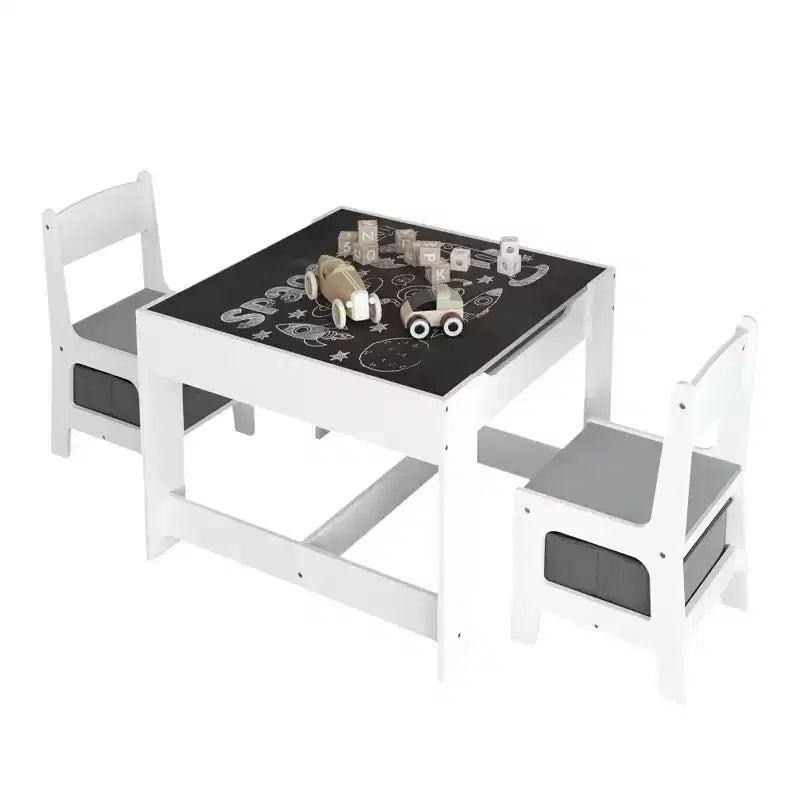 Set Tavolo per Bambini 3 Pezzi con Tavolo a Doppia Faccia e 2 Sedie Contenitore, Set Tavolo e Sedie in Legno per Bambini, Set Tavolo da Gioco per Attività per Bambini, Bianco+Grigio -