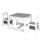 Set Tavolo per Bambini 3 Pezzi con Tavolo a Doppia Faccia e 2 Sedie Contenitore, Set Tavolo e Sedie in Legno per Bambini, Set Tavolo da Gioco per Attività per Bambini, Bianco+Grigio -